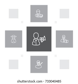 Set Of 5 Position Outline Icons Set.Collection Of Farmer, Teacher, Designer And Other Elements.