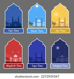 set of 5 prayer times and tahajud or called midnight pray symbol with mosque illustration on different time scenes, Islamic design