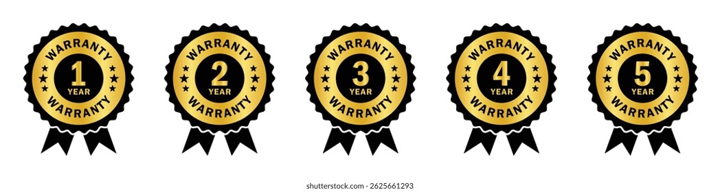 Conjunto de 5 emblemas premium de garantia preto e ouro de 1 a 5 anos. Ideal para embalagem, marca, etiquetas ou garantia de qualidade do produto com faixas de estilo vintage e texto em negrito. Garantia, ícones.