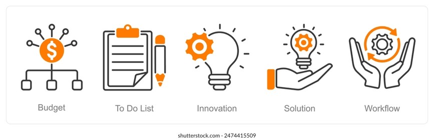 Ein Satz von 5 Projektmanagement-Icons als Budget, To-Do-Liste, Innovation