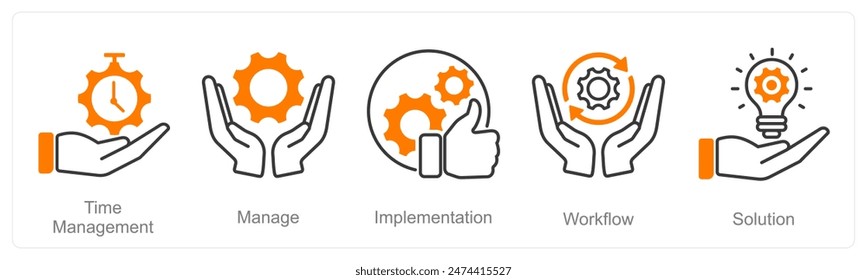 A set of 5 Project Management icons as time management, manage, implementation