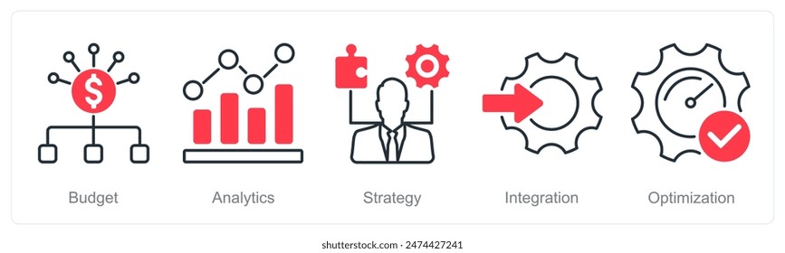 A set of 5 Project Management icons as budget, analytics, strategy