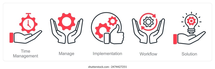A set of 5 Project Management icons as time management, manage, implementation