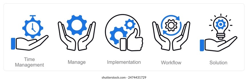 A set of 5 Project Management icons as time management, manage, implementation