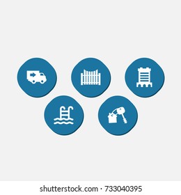 Set Of 5 Property Icons Set.Collection Of Skyscraper, Barrier, Truck And Other Elements.