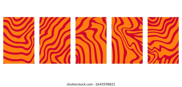 Conjunto de 5 designs de pôster abstrato psicodélico em vermelho e laranja. Linhas curvas e fluidas criam visuais dinâmicos para projetos modernos e urbanos.