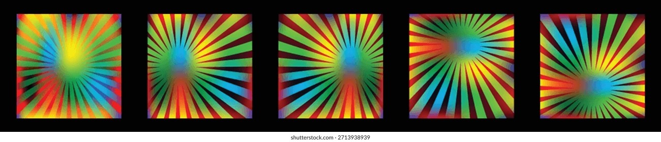 Set of 5 Psychedelic Gradient Sunburst Collection Colorful Radial Explosion Ray Backgrounds.