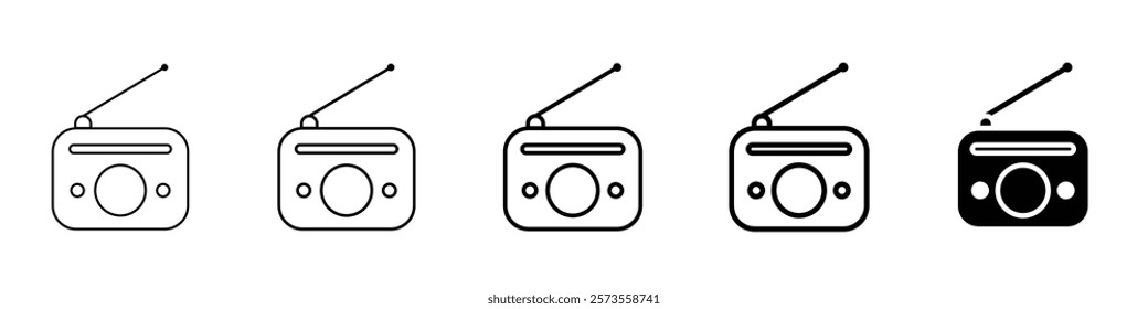 Set of 5 Radio icon, 1 Silhouette, 1 unexpanded vector, Radio antenna icon, communication, media, frequency pod cast, live news transmission, broadcasting