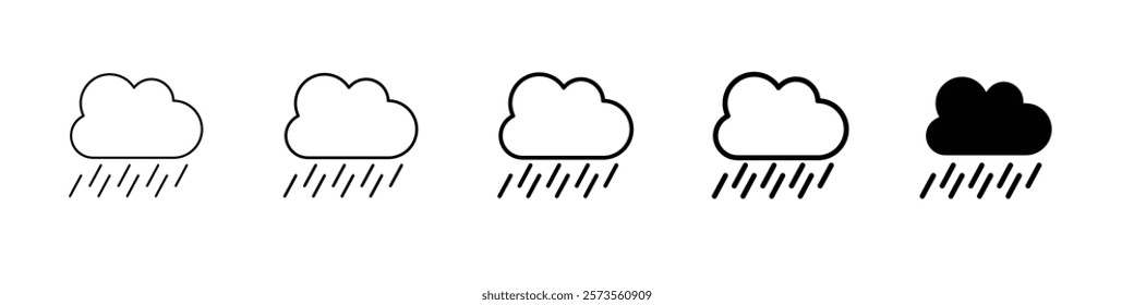 Set 5 rainy icons, 1 unexpanded vector, 1 silhouette, Cloud hail icon set in black and white, featuring filled and solid styles, rainy weather, rainy clouds, cloud with raining, white clouds