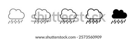 Set 5 rainy icons, 1 unexpanded vector, 1 silhouette, Cloud hail icon set in black and white, featuring filled and solid styles, rainy weather, rainy clouds, cloud with raining, white clouds