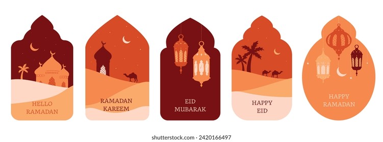 Set of 5 Ramadan cards, posters, prints, covers, social media templates, invitations, labels, stickers decorated with quotes and islamic decorative elements. EPS 10