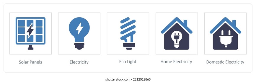 A set of 5 Real Estate icons such as Solar Panels, Electricity, Eco Light