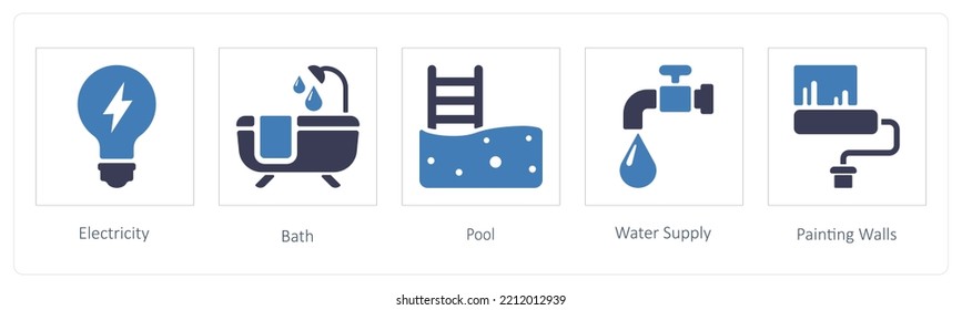 A set of 5 Real Estate icons such as Electricity, Bath, Pool