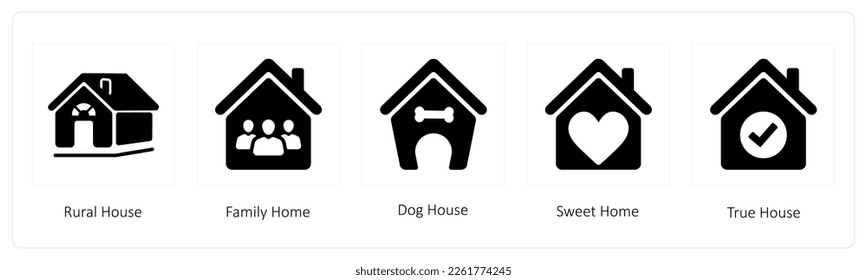 A set of 5 Real Estate icons such as Rural House, Family Home