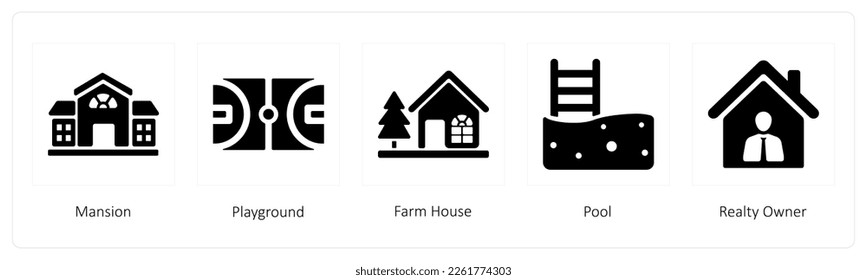 A set of 5 Real Estate icons such as Mansion, Playground, Farm House