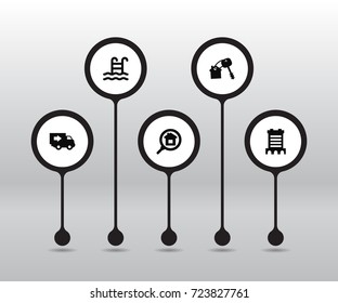 Set Of 5 Real Icons Set.Collection Of Pool, House Keys, Skyscraper And Other Elements.