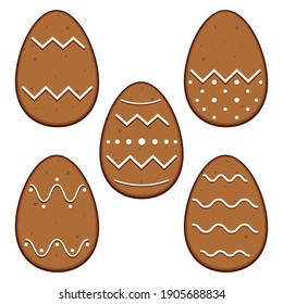 Set mit 5 realistischen Lebkucheneiern. Ostern Lebkuchen. Unterschiedliches Design. Weißer Hintergrund. Vektorgrafik.
