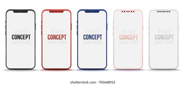 Set of 5 realistic new smart phone with a white screen. Mock-up illustration for presentation mobile app designs. High-quality and detailed vector illustration isolated on white background.