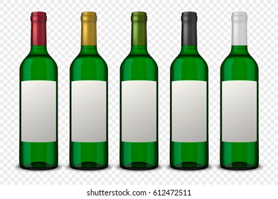 Set 5 realistic vector green bottles of wine with white labels isolated on transparent background. Design template in EPS10.