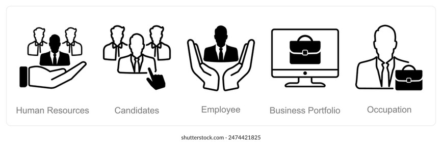 A set of 5 recruitment icons as human resources, candidates, employee
