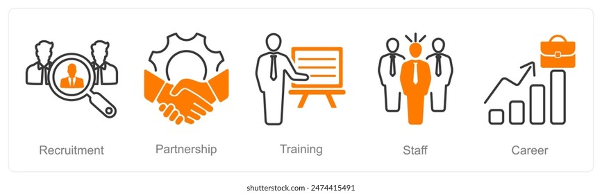 A set of 5 recruitment icons as recruitment, partnership, training