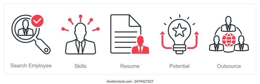 A set of 5 recruitment icons as search employee, skills, resume