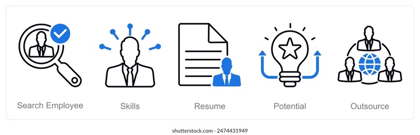 A set of 5 recruitment icons as search employee, skills, resume