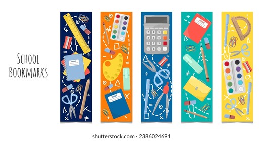 Set of 5 rectangular bookmarks templates with cute school supplies. Flat cartoon illustration. Kid's bookmarks for reading. Bright and positive colors.Isolated on white background.