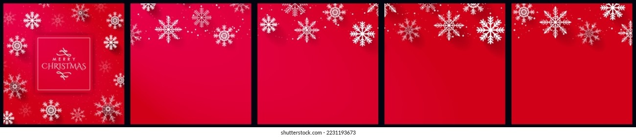 Set of 5 Red Christmas Social Media Template for Carousel Ads with copy space. 3D White Snowflake design for carousel layout with  Merry Christmas greeting card. Vector Illustration. EPS 10.