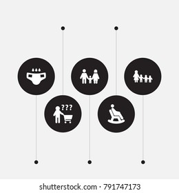 Set Of 5 Relatives Icons Set.Collection Of Nanny, Rocking Chair, Nappy And Other Elements.