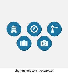 Set Of 5 Relax Icons Set.Collection Of Suitcase, Building, Seamark And Other Elements.