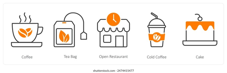 A set of 5 Restaurant icons as coffee, tea bag, open reataurant