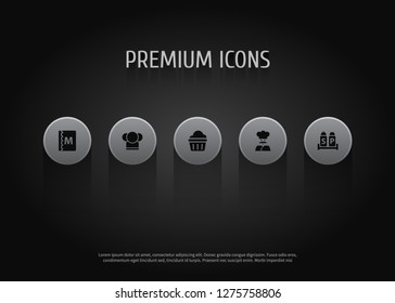 Set of 5 restaurant icons set. Collection of chef, salt with pepper, hat and other elements.
