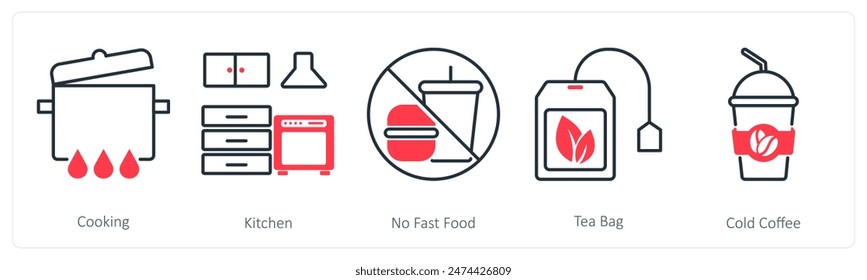 A set of 5 Restaurant icons as cooking, kitchen, no fast food