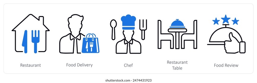 A set of 5 Restaurant icons as restaurant, food delivery, chef