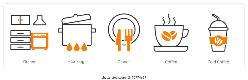 Un conjunto de 5 iconos de restaurante como cocina, cocina, cena