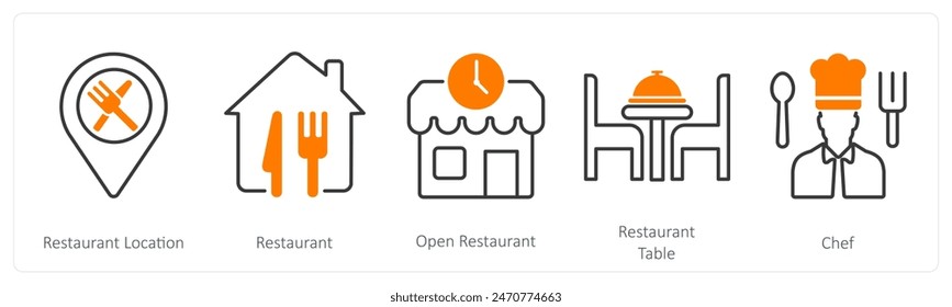 A set of 5 Restaurant icons as restaurant location, restaurant, open restaurant