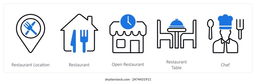 Un conjunto de 5 iconos de restaurante como ubicación del restaurante, restaurante, restaurante abierto