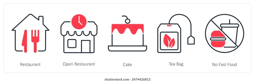 A set of 5 Restaurant icons as restaurant, open restaurant, cake