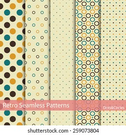 Set of 5 retro seamless patterns with circles and dots.