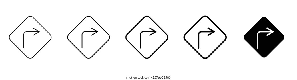 Set 5 right turn arrow icons, 1 unexpanded vector 1 silhouette, line arrow icon featuring circular and directional arrows in thin editable stroke style vector, right direction icon	