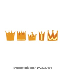 Set of 5 royal gold crowns in cartoon style on white background. Vector illustration