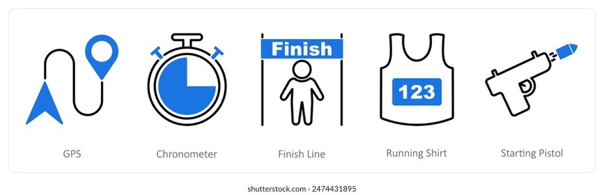 A set of 5 Running icons as gps, chronometer, finish line