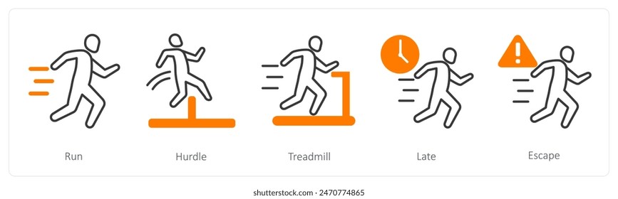 A set of 5 Running icons as run, hurdle, treadmill