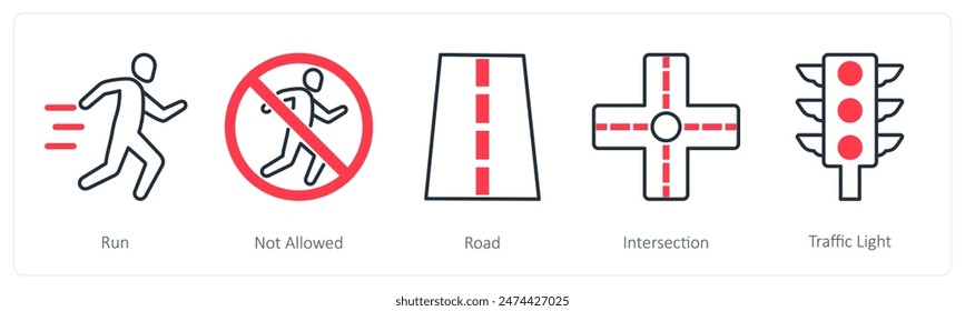 A set of 5 Running icons as run, not allowed, road