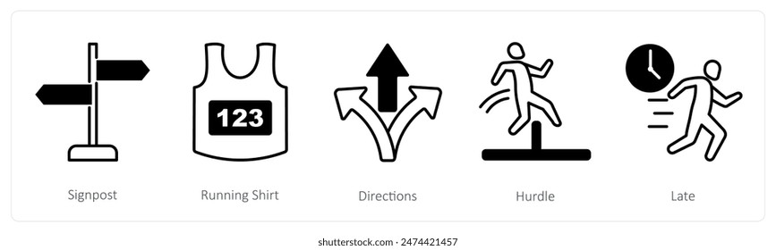 Un conjunto de 5 iconos de running como poste indicador, camiseta de running, direcciones