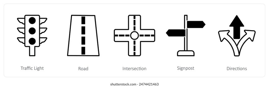 A set of 5 Running icons as traffic light, road, intersection