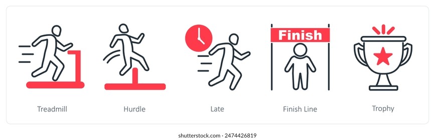 A set of 5 Running icons as treadmill, hurdle, late