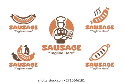 Un conjunto de 5 diseños de logotipo de salchichas adecuados para productos cárnicos, marcas de alimentos y proyectos de identidad de restaurantes.