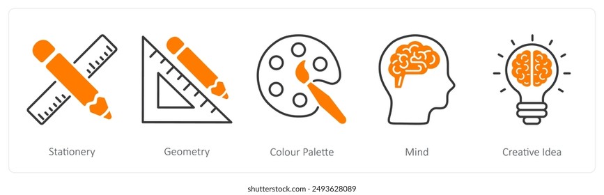 Un conjunto de 5 iconos de escuela y Educación como papelería, geometría, paleta de colores